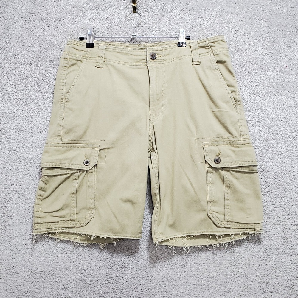 Roebuck &‎ Co. Cargo Shorts Men's 32 Khaki Rugged Mid Rise Raw Hemline Cotton